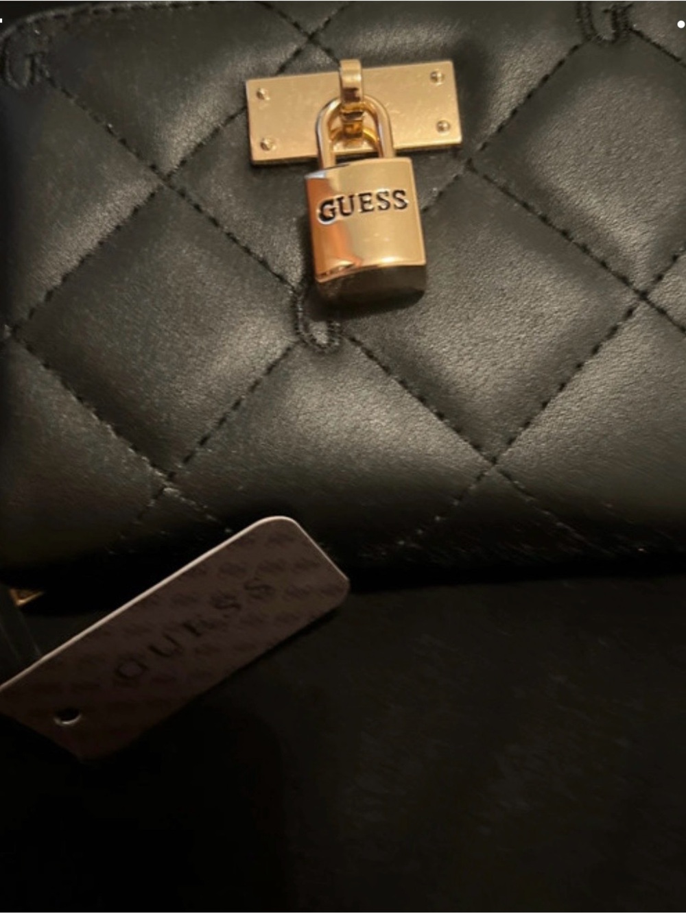 Guess Black Quilted Crossbody with Gold Padlock Accent